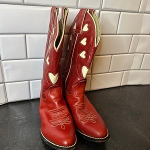 Justin Boots! Genuine Leather Western Girls Sz 4.5 Red White Hearts